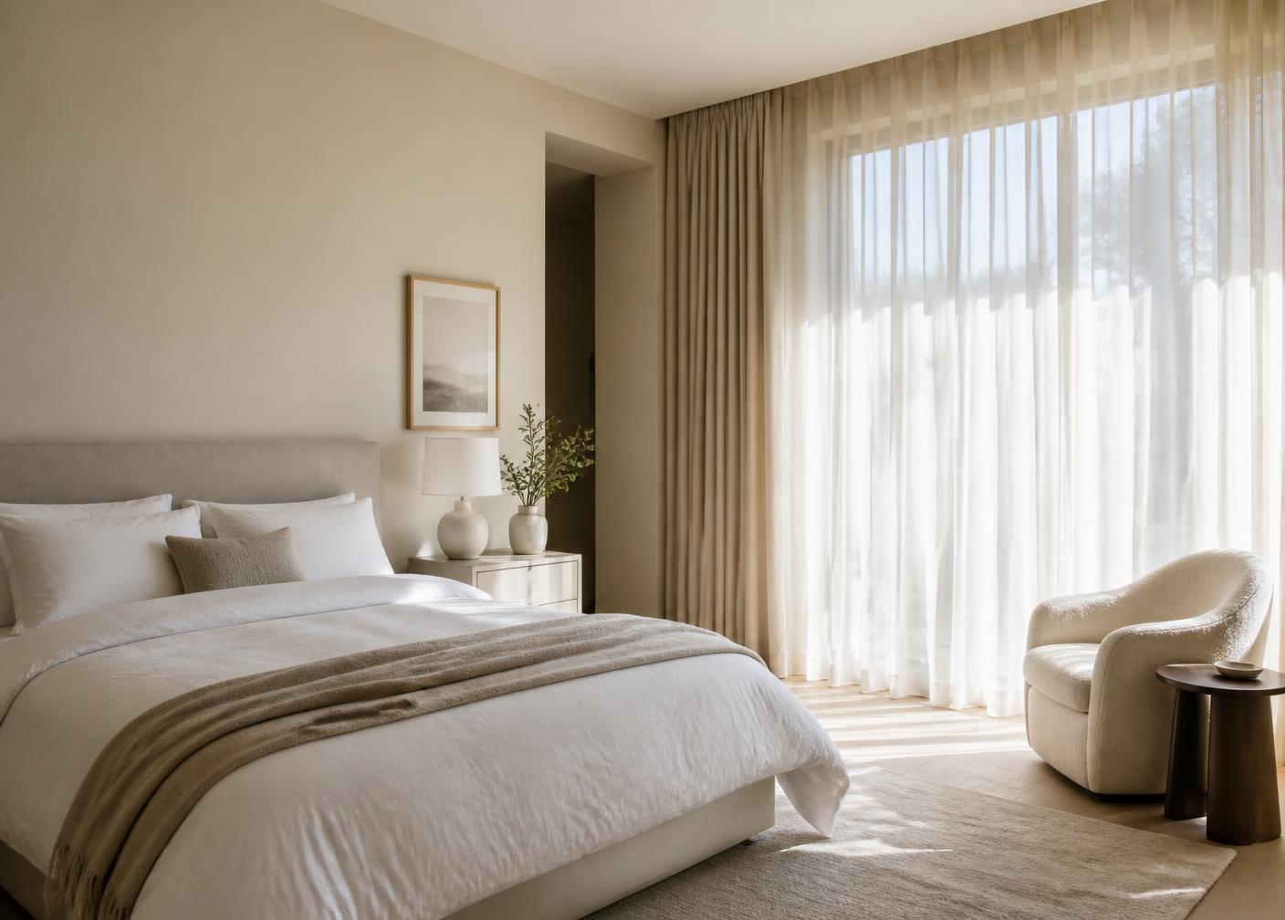 Ordentliches Schlafzimmer mit frisch bezogenem Bett